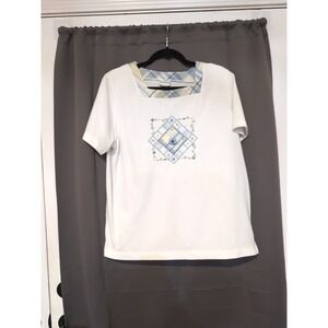 Koret Women's Large Blue Shirt, Floral Beaded Embroidered Top, Short Sleeve‎